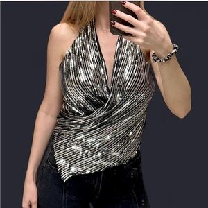 Zara Black and Silver Sequin Halter Top